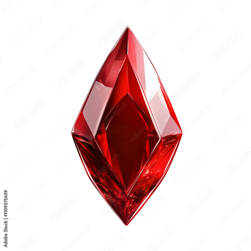 Poster vibrant red chevron shaped ruby emblem isolated on white background, showcasing its intricate facets