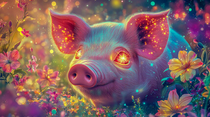 A mesmerizing, starry-eyed pig, surrounded by shimmering stardust and glowing