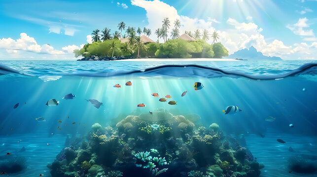  Water level split view of tropical island and fish swimming underwater. created with Generative AI technology