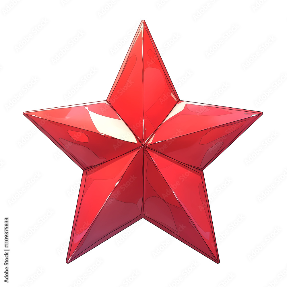 Poster shiny red star with glossy finish is isolated on white background, reflecting light and creating vibrant, eye catching appearance. star symmetrical design adds to its striking visual appeal