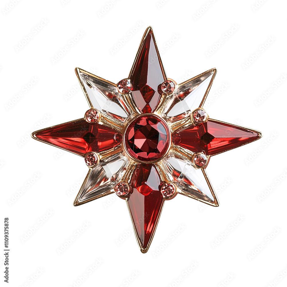 Poster stunning ruby star insignia with intricate design, featuring red and clear gemstones set in gold fra
