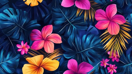 Tropical Hawaiian seamless pattern featuring vibrant watercolor exotic leaves like palms banana monstera and frangipani ideal for swimwear botanical designs