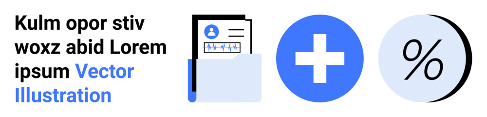 Folder with a document, blue plus sign, and a percentage symbol. Ideal for business presentations, finance planning, data management, healthcare, education, marketing, and web design. Landing page