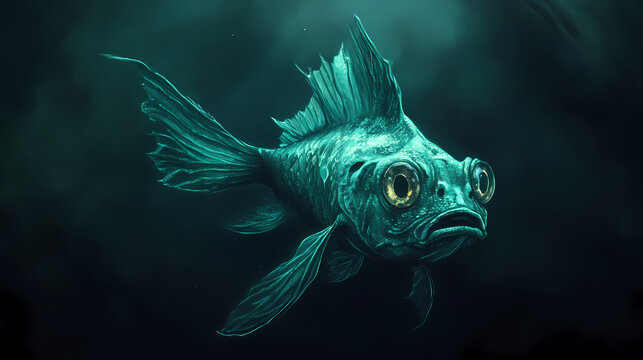 Teal hatchetfish in dark waters. Abyssal. Illustration