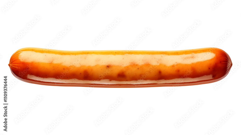 Poster single sausage link is isolated on white background, showcasing its smooth texture and glossy appear