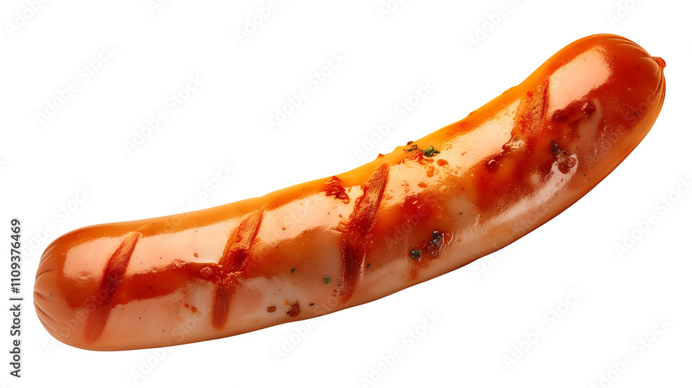 Poster grilled sausage with char marks and sauce on white background, showcasing delicious and appetizing l