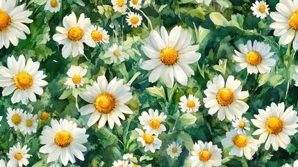 Fototapeta premium Seamless watercolor pattern featuring wildflowers and chamomile ideal for decorative applications in prints signage and maps