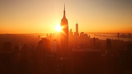 Fototapeta premium Sunset over a city skyline featuring a prominent tall building.