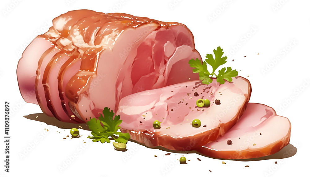 Poster sliced ham with herbs and peppercorns on white background, showcasing delicious and appetizing prese
