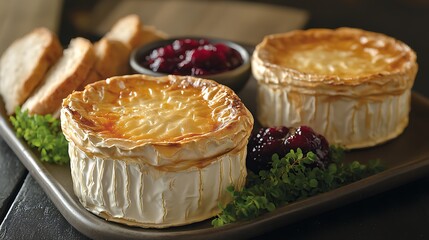 Baked cheese with cranberry sauce and bread.