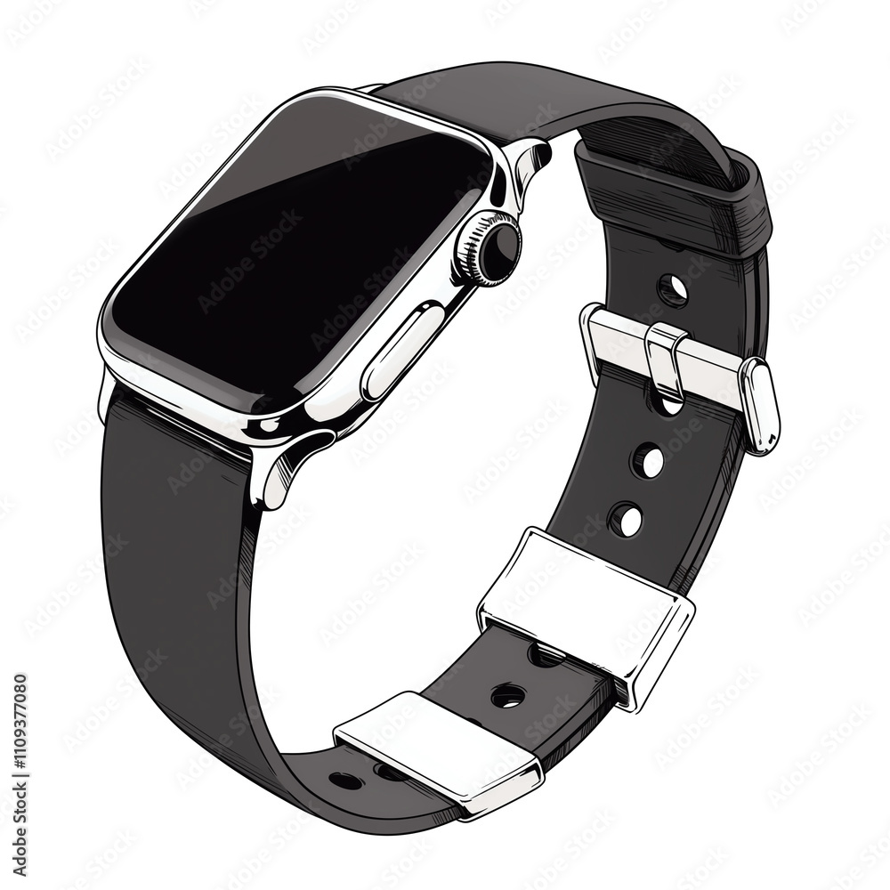 Poster sleek smartwatch with black band and silver casing is isolated on white background, showcasing its m