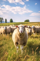 Obraz premium Sheep graze on a pasture against the backdrop of mountains Generative AI