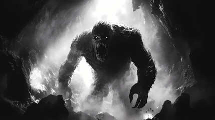 Fototapeta premium Underground epic monster, colossal primal entity emerging from glimmering cavernous underworld in dramatic cosmic horror chiaroscuro. Abyssal. Illustration