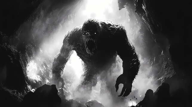 Underground epic monster, colossal primal entity emerging from glimmering cavernous underworld in dramatic cosmic horror chiaroscuro. Abyssal. Illustration