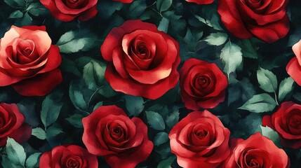 Seamless watercolor pattern of hand painted red roses with green foliage perfect for wedding and birthday greeting cards floral fabric designs flower themed decor