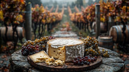 Cheese platter with grapes in a picturesque vineyard during autumn harvest season