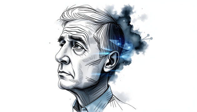 Composite trend artwork sketch image photo collage of empty space aged man senior watch one eye think mind huge question symbol what who with a white accent, png