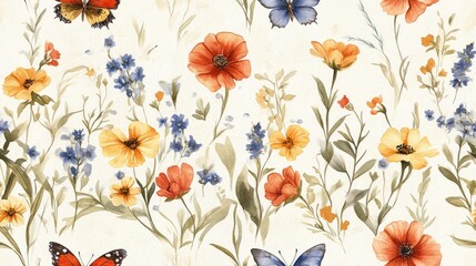 Seamless watercolor pattern featuring hand drawn meadow flowers leaves butterflies and dragonflies ideal for textile designs and home decor