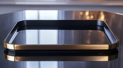Obraz premium Elegant black tray with brushed gold edges on a reflective surface in a modern setting