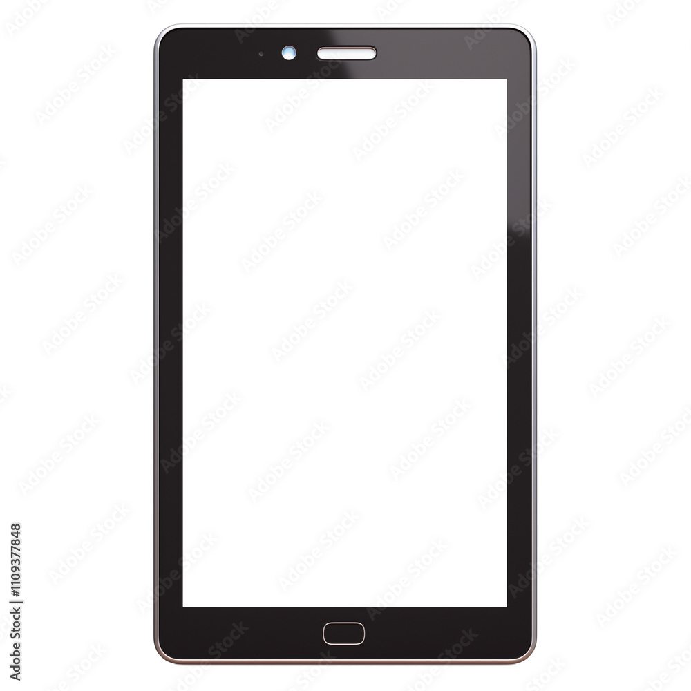 Poster sleek black tablet with blank screen is isolated on white background, showcasing its modern design a