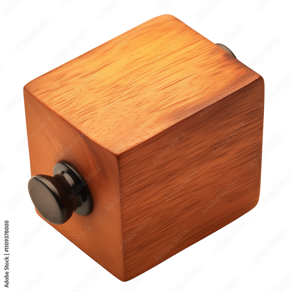 Aufkleber wooden tapping block with smooth finish and black knobs on white background. block is cube shaped, showcasing its natural wood grain and sturdy construction