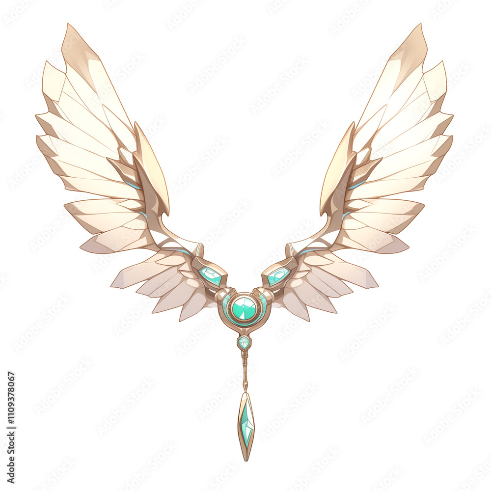 Poster elegant winged emblem with intricate design and gemstone accents, isolated on white background. embl