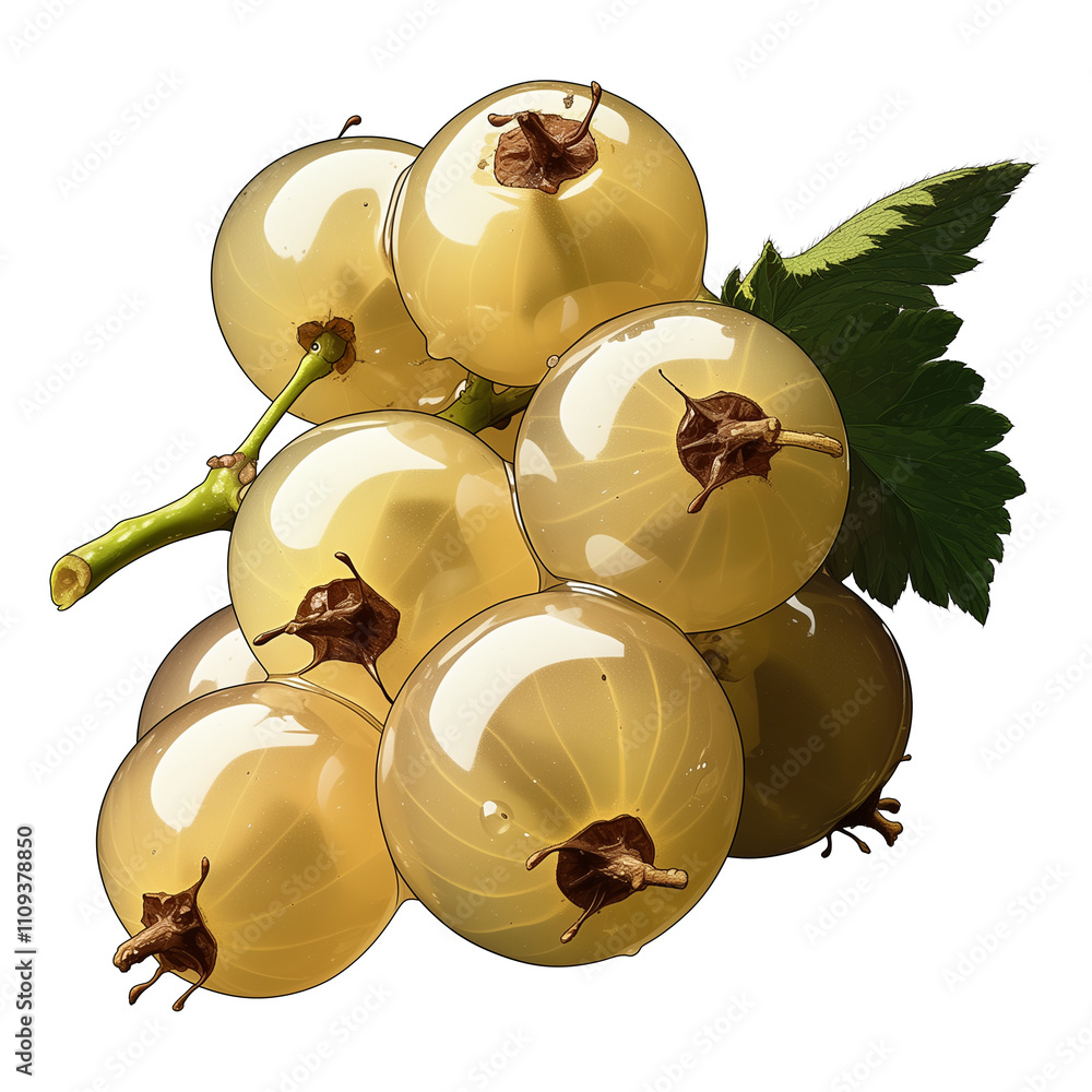 Poster white currants with glossy appearance are clustered together, showcasing their translucent skin and 