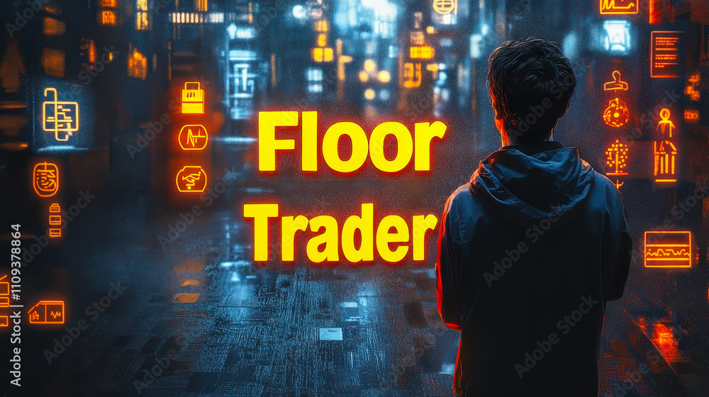 Poster futuristic floor trader in virtual financial market environment with digital icons
