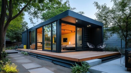 Modern minimalist dark gray shipping container home with wood deck, glass walls, and outdoor seating at dusk.