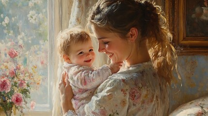 Mother and baby bonding moment at home warm light joyful scene