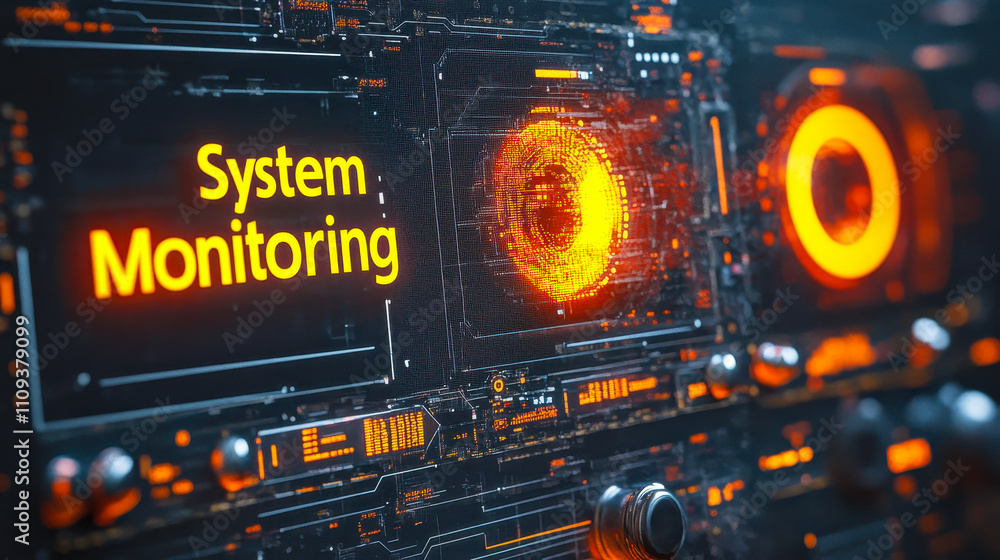 Poster futuristic system monitoring interface with digital display and technology elements