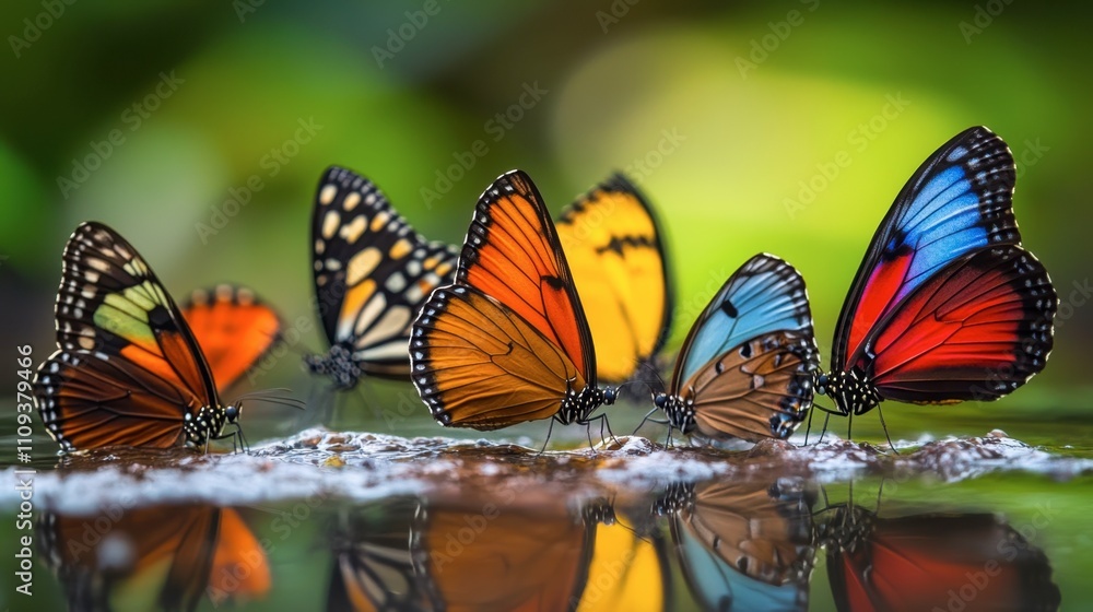 Poster colorful butterflies displaying vibrant patterns on a tranquil surface