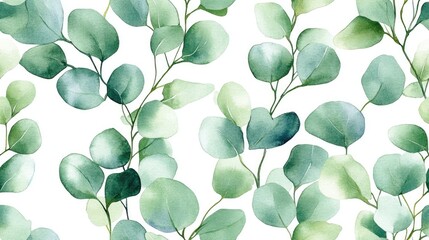 Obraz premium Watercolor seamless pattern featuring various green eucalyptus leaves on branches ideal for eco friendly design projects