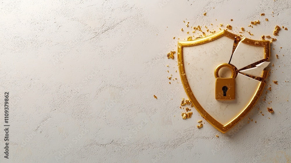 Poster cyberattack and it infrastructure, a stylized shield with a broken lock, representing compromised it