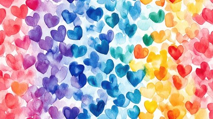 Vibrant seamless pattern of watercolor hearts in multiple colors ideal for textile design and crafts