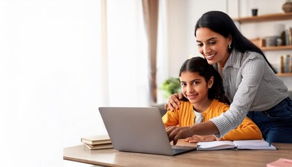 Obraz premium Indian Parents with Kids Learning at Home Using Laptop – Family Education Time