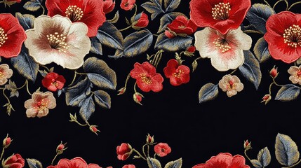 Embroidery seamless pattern featuring exquisite flowers on a dark backdrop perfect for fashion products and fabric printing