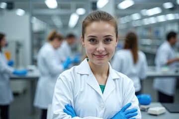 Fototapeta premium portrait of a medical industry worker with medical workers in background