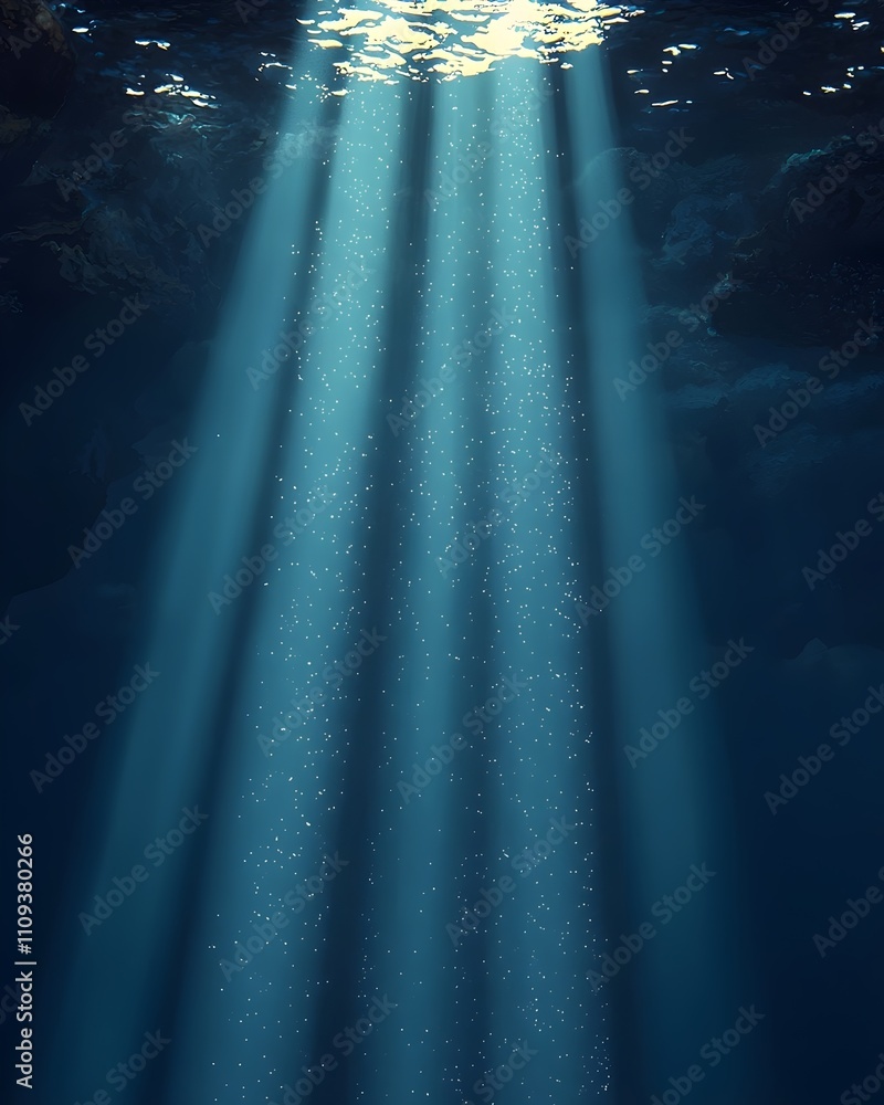 Poster a serene underwater scene showcasing beams of light piercing through the surface, illuminating a tra