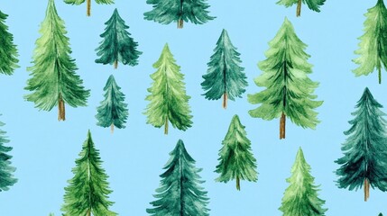 Fototapeta premium Seamless pattern of hand drawn watercolor green fir trees on a tranquil blue background perfect for festive designs