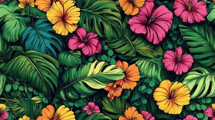 Creative seamless pattern featuring hand drawn tropical leaves and vibrant flowers ideal for textile design and organic decor