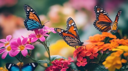 Obraz premium Vibrant Butterflies on Colorful Flowers in Natural Garden Setting
