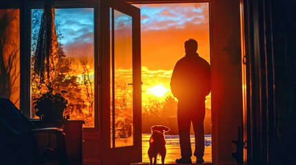 A person and their dog watch a vibrant sunset from an open doorway, capturing a moment of peace and connection in nature.