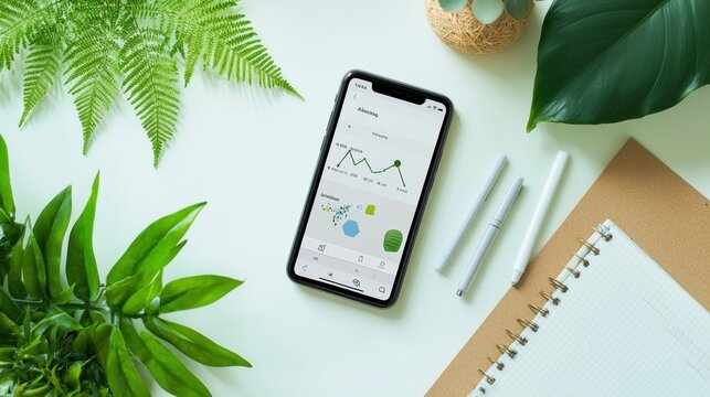 A flat lay of climate adaptation tools: a weather monitoring app on a branded smartphone,