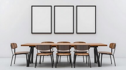 Fototapeta premium Modern dining room with a wooden table and chairs, minimalist design with three blank frames on the wall.
