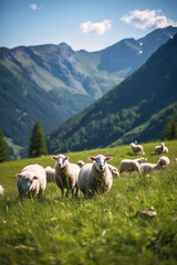 Fototapeta premium Sheep graze on a pasture against the backdrop of mountains Generative AI