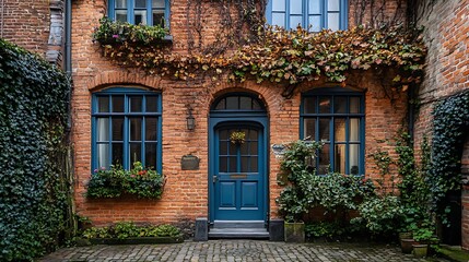 Charming brick building with a vibrant blue door and lush greenery.