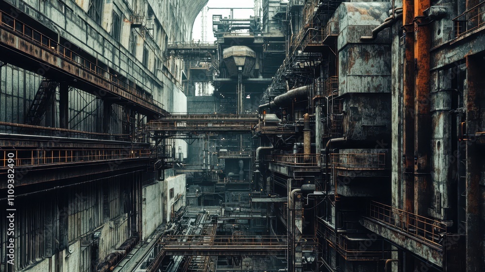 Poster aerial view of an intricate industrial complex showcasing rust and machinery in a dimly lit environm