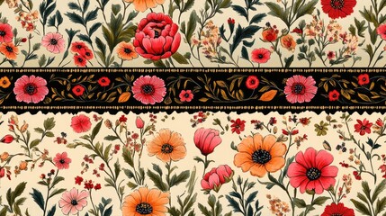 Elegant seamless pattern featuring intricate embroidery stitches and Kashmiri tanka style borders with all over floral designs ideal for textile and home decor applications