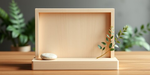 Minimalist wooden frame with a smooth white stone and green leaves, creating a clean and serene aesthetic.